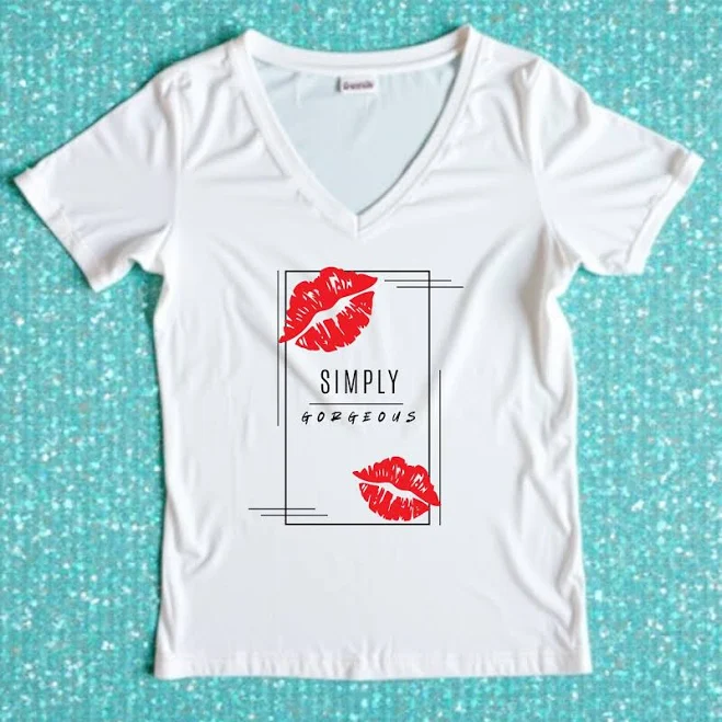 top V-Neck Cotton Tee with Red Lips Graphic Etsy - Seller $24.99