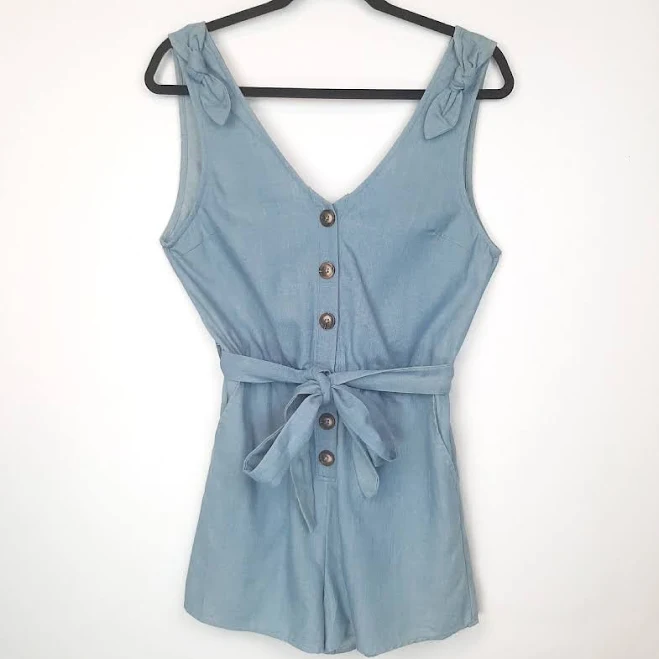 romper Very J Women's Blue Chambray Romper Shorts Waist Tie Button-down Size eBay $24.99