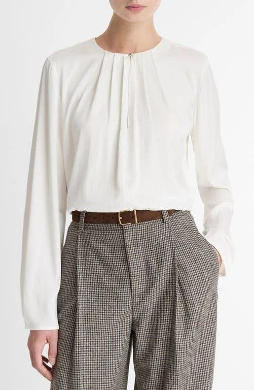 top Vince Women's Silk Blend Pleated Neck Blouse Vince $249