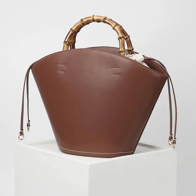 bag Vintage Genuine Leather Bucket Bag with Bamboo Handle Baginning $89.99