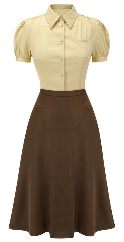 matching set Vintage Lapel Puff Sleeve A-Line Blouse & High Waist Skirt Retro Stage $50.99