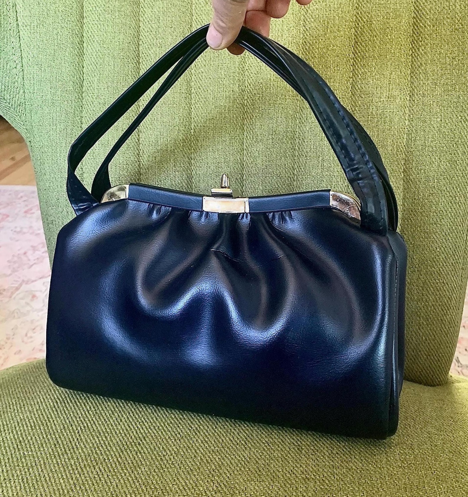 bag Vintage Navy Top Handle Gold Tone Faux Leather Etsy $22.8