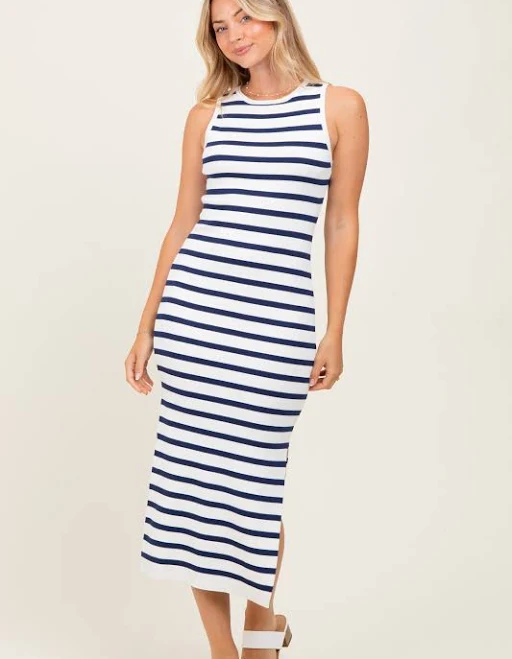 dress White Navy Striped Knit Sleeveless Side Slit Midi Dress PinkBlush Maternity $26