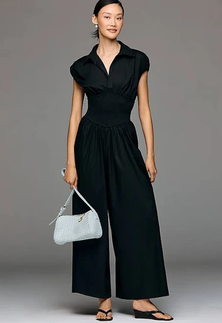 jumpsuit Wide-Leg Short-Sleeve V-Neck Jumpsuit by Hutch in Black, Size: XS at Anthropologie Anthropologie $228