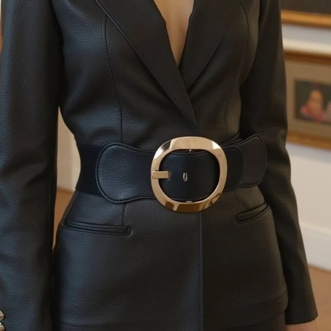 accessory Women Black Wide Faux Leather Elastic Chinc Fabric Belt Gold Round eBay - alwaystyle4you $16.99