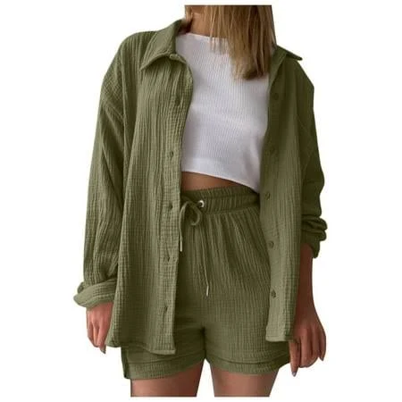 matching set Women's 2 Piece Long Sleeve Button Down Shirt and High Waist Drawstring Shorts Walmart - CUZIBR $17.96