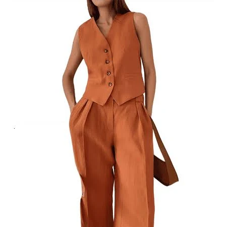 matching set Women's 2 Piece Outfits Linen Vest Waistcoat Dressy Casual Sets Wide Leg Pants Suits Orange Color M, Size: Medium Walmart - heimeicafe $43.31