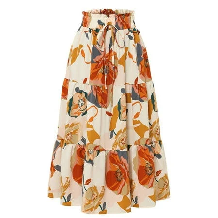 skirt Women's Boho Casual Flowy Elastic High Waist A-Line Floral Maxi Skirt Walmart - NAMTYQX $17.99
