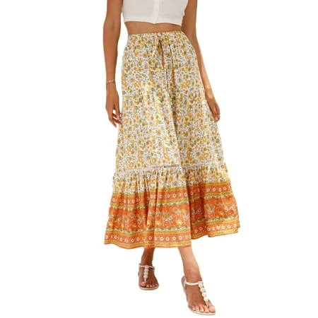 skirt Women's Boho Floral Printed Flowy Maxi Skirt Walmart - jinghuiyue $19.99