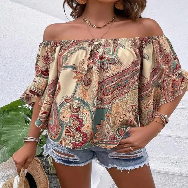 off-shoulder top Women's Boho Paisley Off Shoulder Half Sleeve Long Fitted Blouse TikTok Shop $23.84