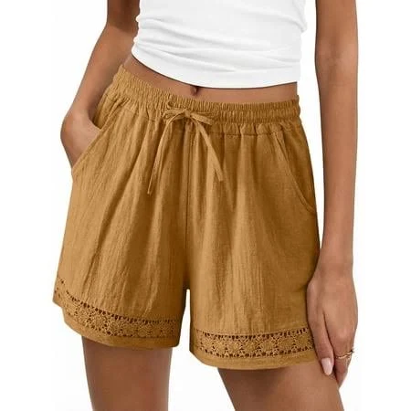 shorts Women's Casual High Waist Cotton Linen Shorts with Elastic Drawstring Walmart - Levmjia Co.Ltd $12.99