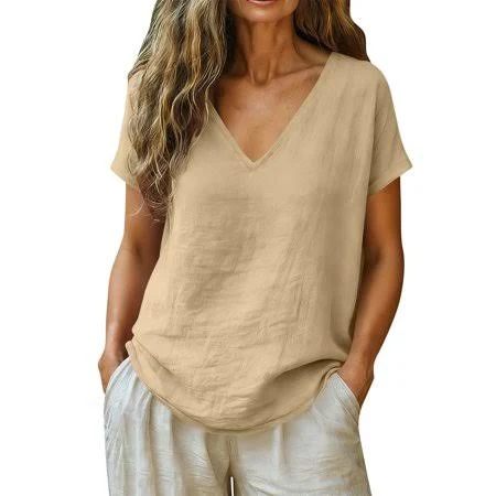 clothes Women's Casual Loose Fit Linen V-Neck Short Sleeve Top Walmart - chhdyh $9.99