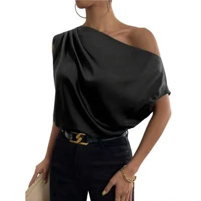 top Women's Chic One-Shoulder Draped Sleeve Satin Shirt Target $31.99