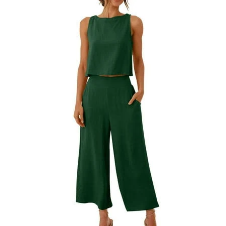 matching set Women's Cotton Linen 2 Piece Outfits with Pockets Walmart - UAMVSH Stores $14.98