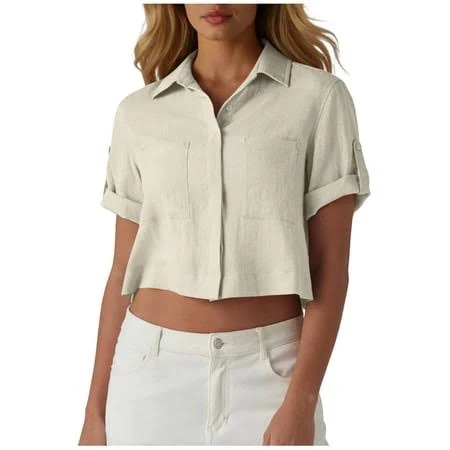 romper Women's Cropped Linen Button Down Shirt with Pockets Walmart - Tops Haven $18.76