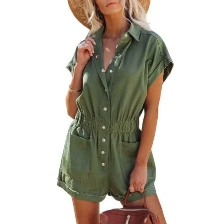 romper Women's Cuffed Sleeve Elastic Waist Cotton Jumpsuit Walmart - Chouyatou $32.98