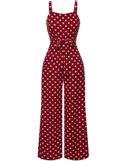 polka dots outfits Women's Deep Red Polka Dot Straps Jumpsuit Retro Stage $32.99