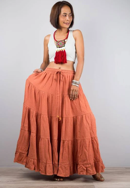 maxi skirt Women's Double Cotton Gauze Tiered Peasant Maxi Skirt with Pockets Etsy - Nuichan $99