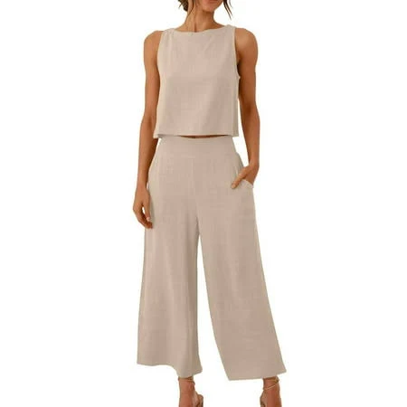 matching set Women's Elegant Cotton Linen Sleeveless Cropped Tank Top and High Waist Pants Set Walmart - F W Clothing $12.99