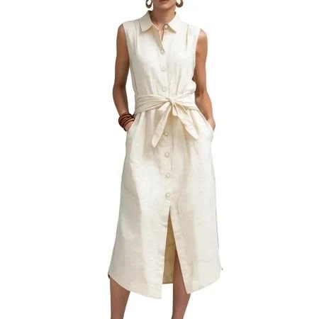 dress Women's Elegant Front Slit Cotton Linen Midi Dress with Pockets Walmart - Zhang Liang $41.99
