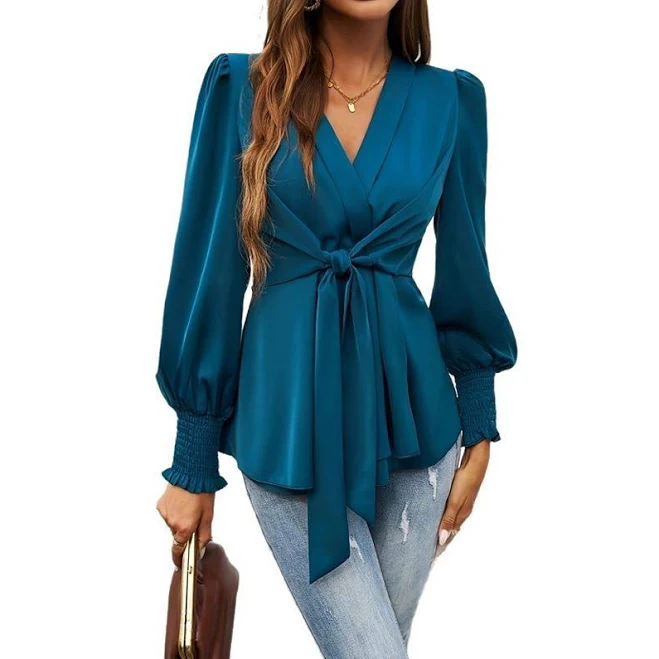 top Women's Elegant V Neck Long Puff Sleeves Tops Causal Dressy Tie Front Satin Wrap Blouse, Size: Large, Sea Blue Kohl's $39.99