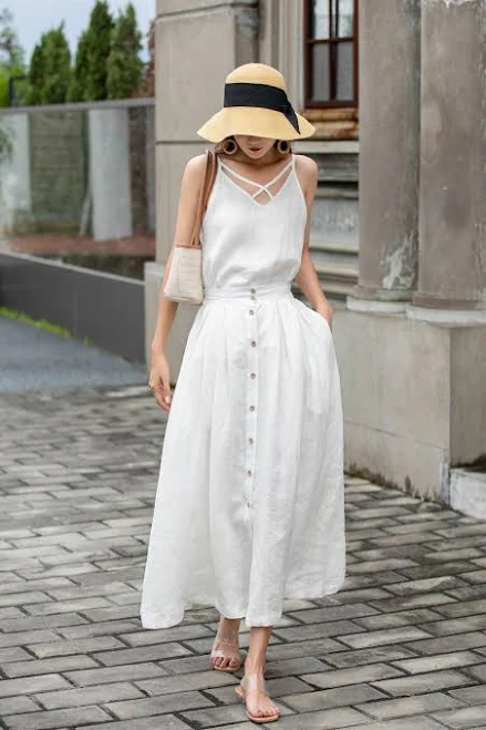 skirt Women's Linen A-Line Skirt with Pockets Etsy - xiaolizi $71.1