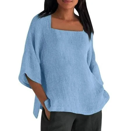 top Women's Linen Squaer Neck 3/4 Sleeve Top Walmart - Yigetop Fashion $15.29