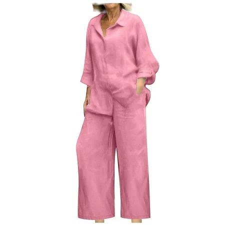 matching set Women's Oversize Linen Button Up Shirt and Wide Leg Pant Set Walmart - Fashion Outfits For You $11.42