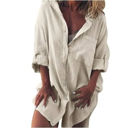 outerwear Women's Oversized Roll Up Cotton Linen Shirt Walmart - F W Clothing $7.98
