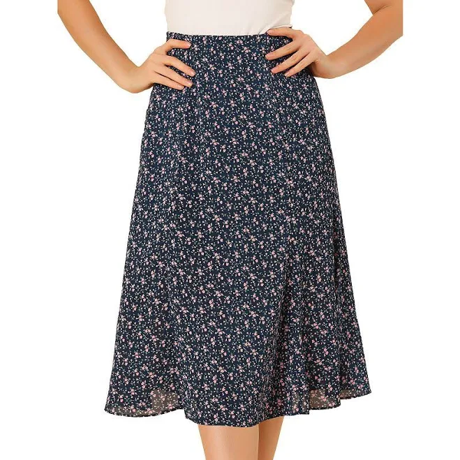 skirt Women's Peasant Elastic Waist A-Line Leave Print Midi Skirt, Size: Medium, Navy Pink Kohl's $33.99