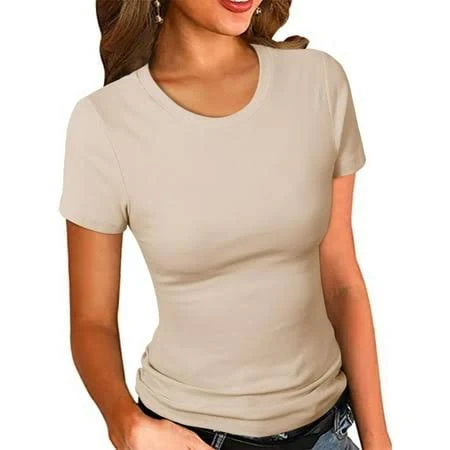 top Women's Ribbed Fitted Crew Neck Short Sleeve Shirt Walmart - YuzhijinTrade $7.69