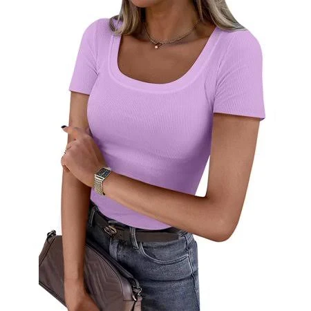 top Women's Ribbed Knit Slim Fitted Short Sleeve Top Walmart - ANRABESS FASHION $13.34