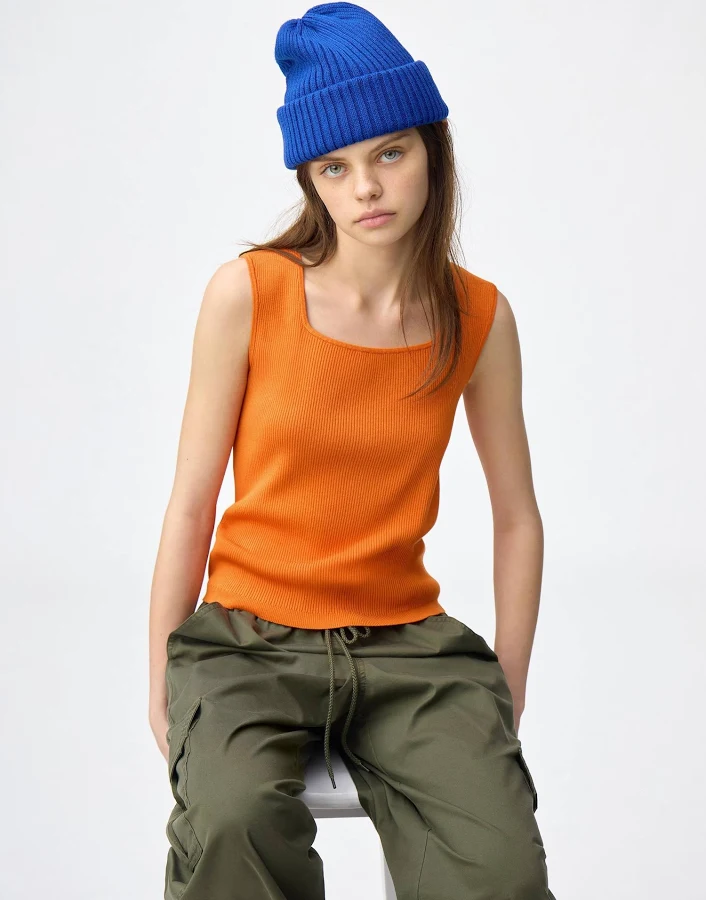 top Women's Ribbed Knitted Square Neck Tank Top GU USA $19.9