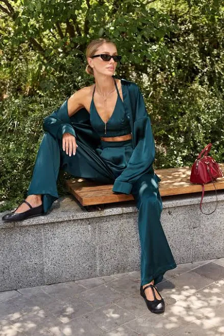 matching set Women's Satin Halter Crop Top and Wide Leg Pants Etsy - Seller $156
