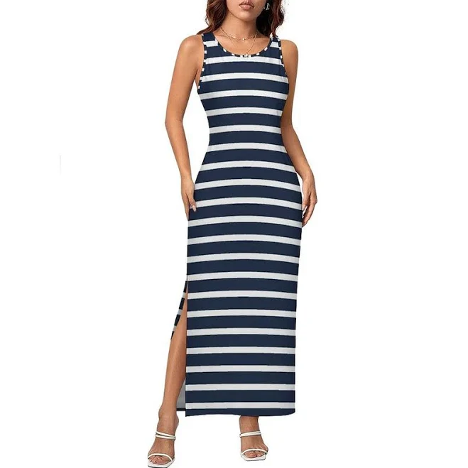 dress Women's Sleeveless Horizontal Stripes Maxi Dress with Side Slit Neewho $26.99