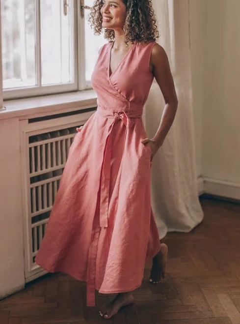 dress Women's Sleeveless Linen A-Line Tie Waist Midi Dress VisibleArt $152