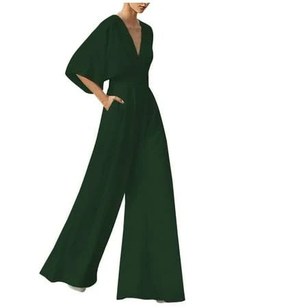 jumpsuit Women's Slim Fit V-Neck Short Sleeve Wide Leg Jumpsuit with Pockets Walmart - New Thread Apparel $37.69