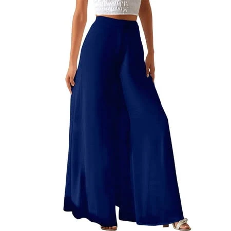 pants Women's Solthread Chiffon Wide Leg Pants Solid Color Elastic Waist Loose Fit Flowy Palazzo Trousers Walmart - qwiedj $16.99