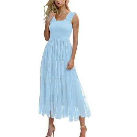 dress Women's Square Neck Sleeveless Smocked Bodice Tiered Ruffle Maxi Dress Walmart - QSAWXQZ $19.49