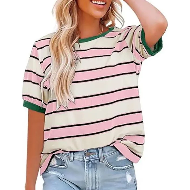 top Women's Striped Color Block Short Sleeve T-Shirt TikTok Shop $6.88