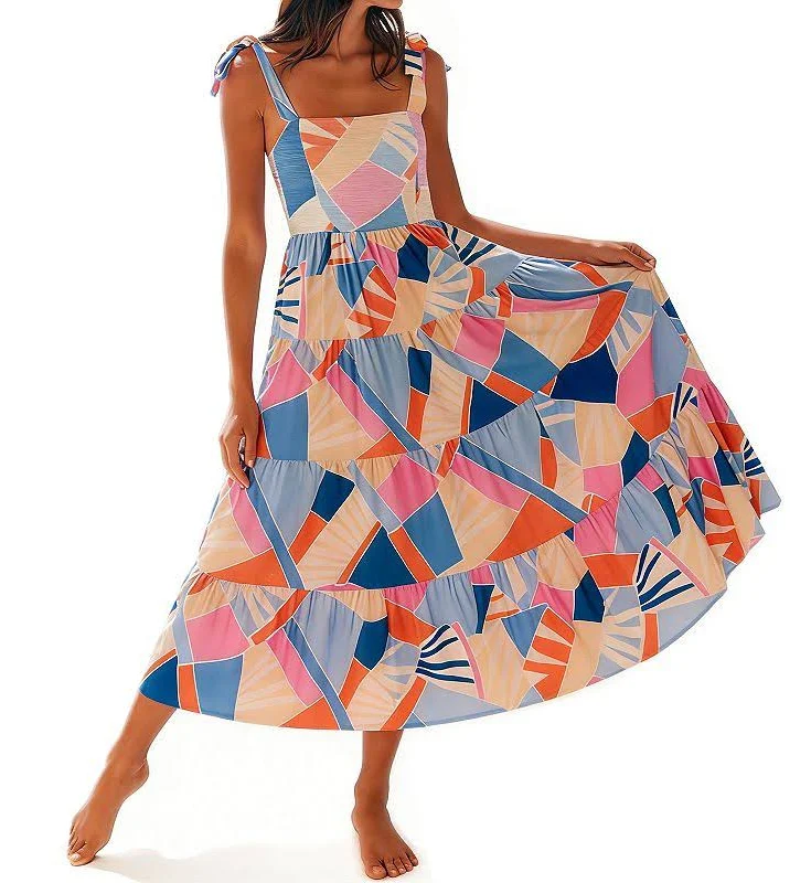 dress Women's Tropical Print Maxi Dress Square Neck Tie Strap Tiered Flowy Summer Beach Dress, Size: Large, Colorful Kohl's $46.79