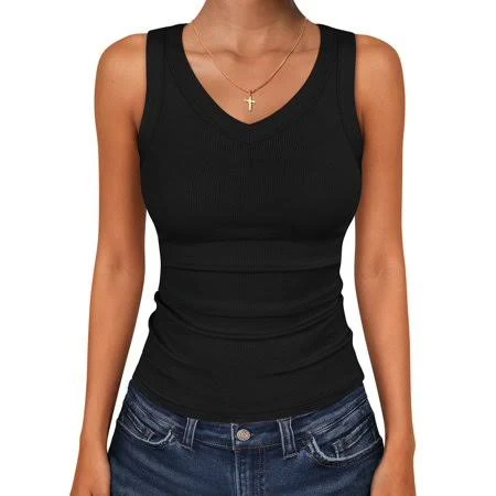 top Women's V-Neck Ribbed Knit Slim Fitted Tank Tops Walmart - ANRABESS FASHION $18.99