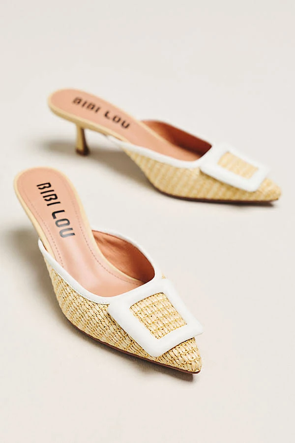 shoes Woven Raffia Mule Kitten Heels by Bibi Lou in Beige, Size: US 9-9.5 / EU 40 at Anthropologie Anthropologie $170