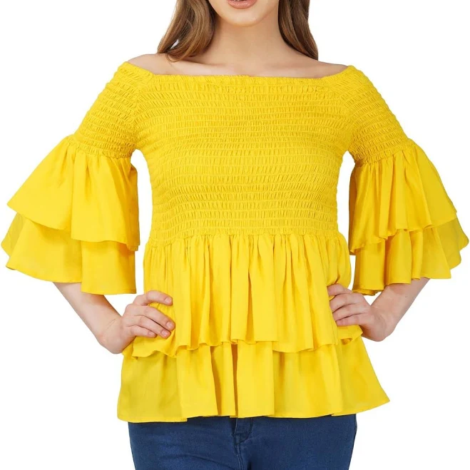 off-shoulder top Yellow Smocked Off Shoulder Blouse, Double Layer Attire, 100% Cotton eBay - satsumaclothing $43.99