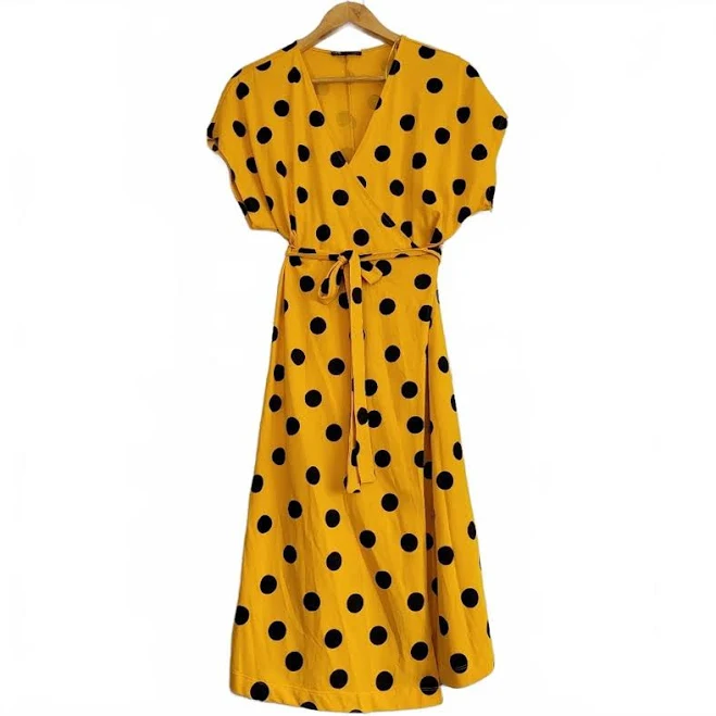 dress Zara Ladies Short Sleeve Bright Yellow Polka Dot Wrap Dress Midi eBay - rachel.blankson $25