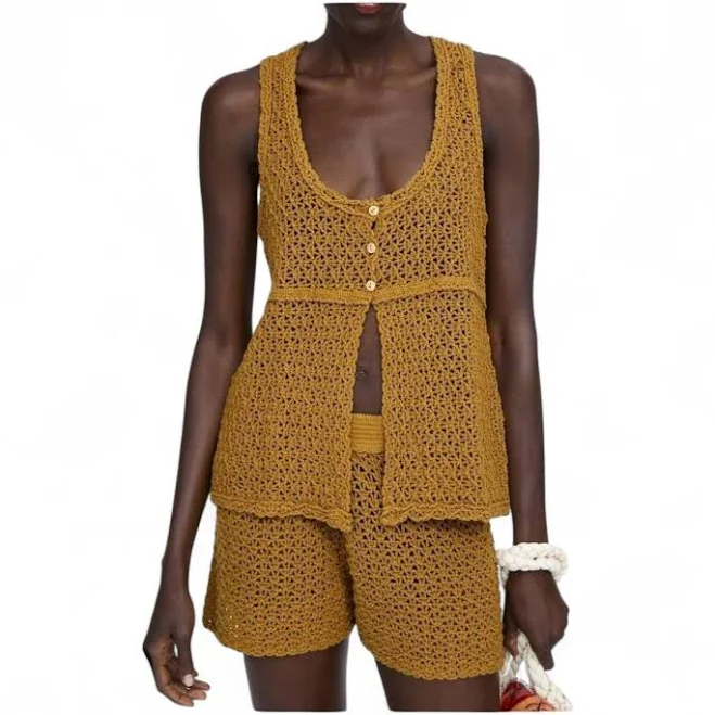 two piece set Zara Mustard Crochet Knit 2 Piece Set Festival Vest Top And Shorts eBay - melumph_0 $52.5