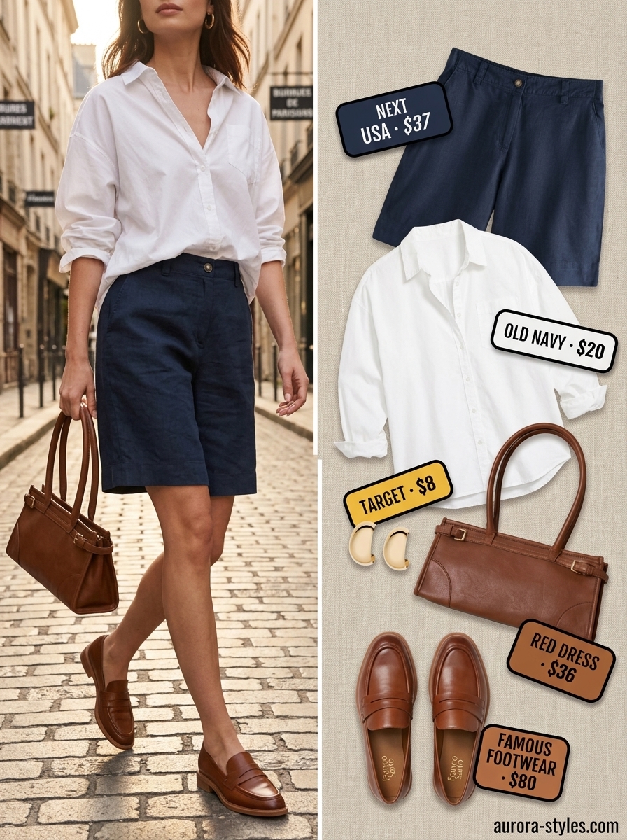 Elevated City Stroll Outfits 2026 Relaxed casual summer outfit for women 2026: Navy Bermuda shorts, white oversized shirt, cognac loafers, structured crossbody bag.
