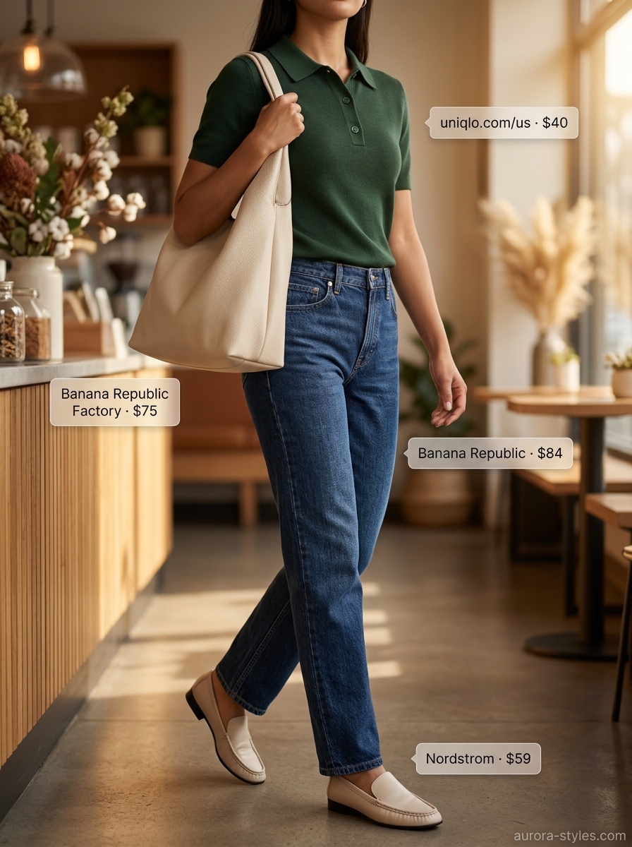 Relaxed Casual Summer Outfits for Women 2026: Denim & Knit Relaxed casual summer outfit for women 2026: Dark wash jeans, forest green sweater, cream loafers, and black slouchy bag.