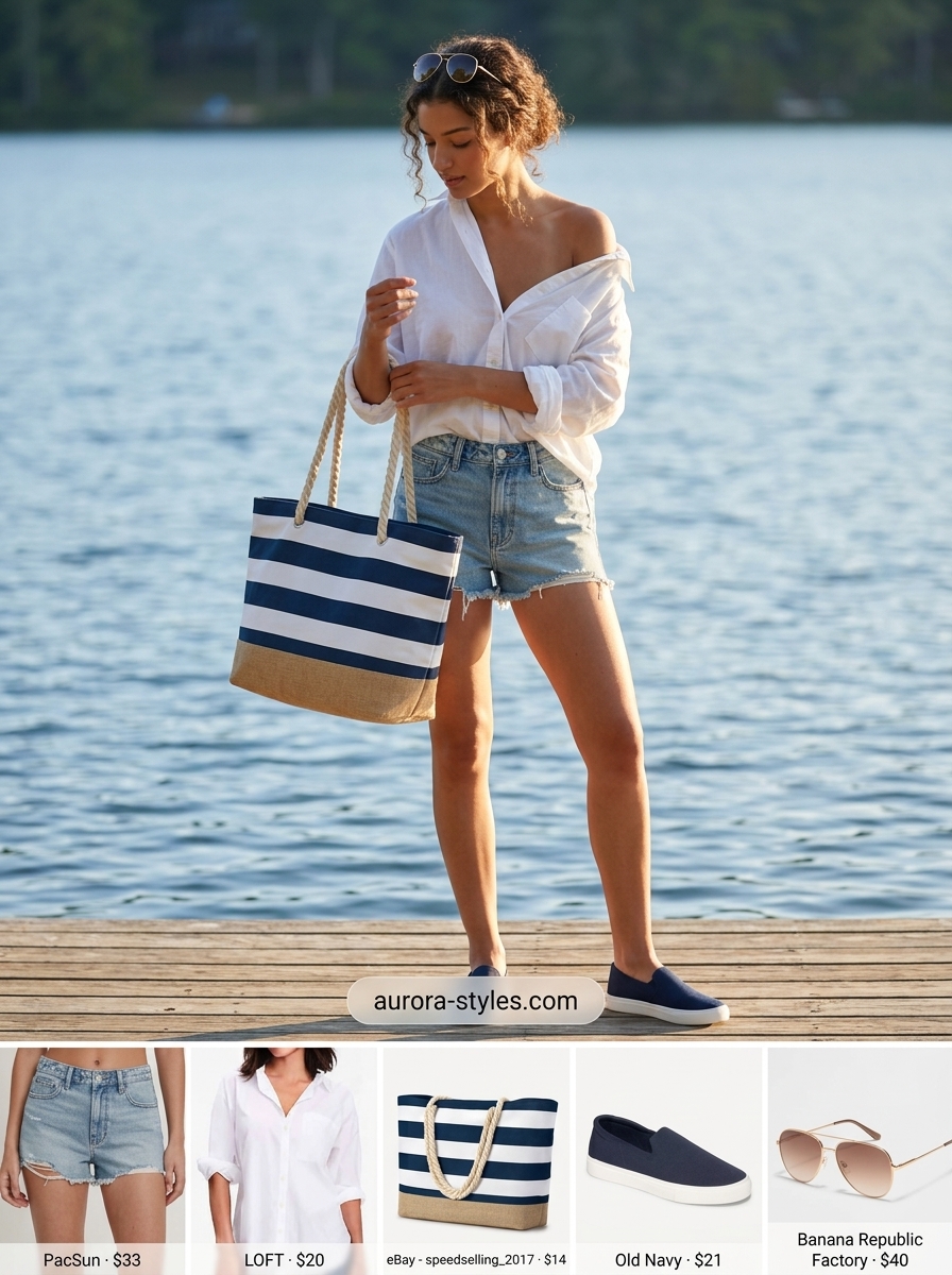 Lakeside Leisure Outfits 2026 Relaxed casual summer outfit for women 2026: White oversized shirt, denim shorts, navy tote, white slip-ons, aviator sunglasses.