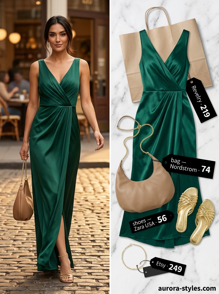 Emerald Satin Slip Dress for Summer Dates 2026 Emerald green satin slip dress with gold anklet, sandals, and tan bag. Relaxed casual summer outfits for women 2026.